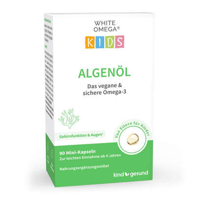 Sie sehen eine Packung Algenöl Kapseln für Kinder – veganes Omega-3 – ohne Carrageen – 330 mg DHA aus Algen, Produktbild: 01 Algenöl Kapseln für Kinder – veganes Omega-3 – ohne Carrageen – 330 mg DHA aus Algen, A-Nr.: 5614209 - 01
