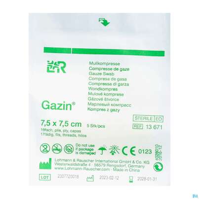 Mullkompressen Gazin Baumw.17faedig Steril 16fach 7,5x7,5cm 5st, A-Nr.: 2570138 - 02