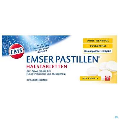 Sie sehen eine Packung Emser Pastillen Zuckerfrei +vanille (o.menthol) 30st, Produktbild: 01 Emser Pastillen Zuckerfrei +vanille (o.menthol) 30st, A-Nr.: 4371265 - 01