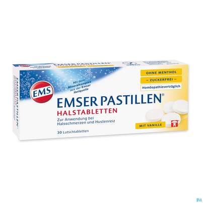 Sie sehen eine Packung Emser Pastillen Zuckerfrei +vanille (o.menthol) 30st, Produktbild: 03 Emser Pastillen Zuckerfrei +vanille (o.menthol) 30st, A-Nr.: 4371265 - 03