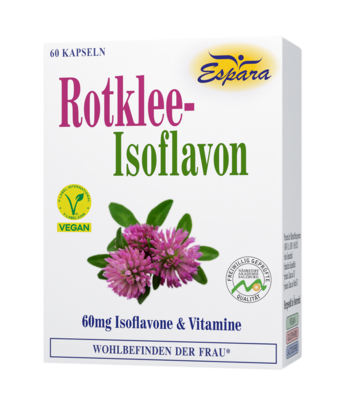 Sie sehen eine Packung Espara Rotklee-Isoflavon Kapseln, Produktbild: 01 Espara Rotklee-Isoflavon Kapseln, A-Nr.: 3663586 - 01