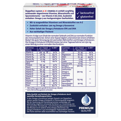 Sie sehen eine Packung Doppelherz system A-Z + OMEGA-3 mit 19 ausgewählten Vitaminen und Mineralstoffen, Produktbild: 03 Doppelherz system A-Z + OMEGA-3 mit 19 ausgewählten Vitaminen und Mineralstoffen, A-Nr.: 5721017 - 03