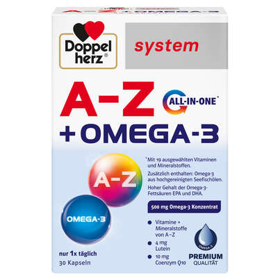 Sie sehen eine Packung Doppelherz system A-Z + OMEGA-3 mit 19 ausgewählten Vitaminen und Mineralstoffen, Produktbild: 01 Doppelherz system A-Z + OMEGA-3 mit 19 ausgewählten Vitaminen und Mineralstoffen, A-Nr.: 5721000 - 01