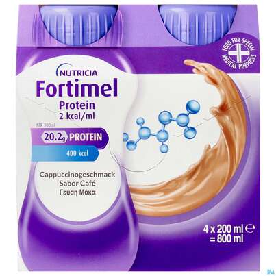 Sie sehen eine Packung Fortimel/protein 200ml 2kcal Cappuccino 4st, Produktbild: 01 Fortimel/protein 200ml 2kcal Cappuccino 4st, A-Nr.: 5833354 - 01