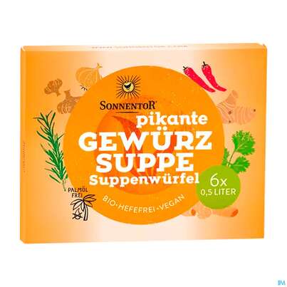 Sie sehen eine Packung Sonnentor Gewuerz/bio Suppenwuerfel Pikant 10g 01401 6st, Produktbild: 01 Sonnentor Gewuerz/bio Suppenwuerfel Pikant 10g 01401 6st, A-Nr.: 4389696 - 01