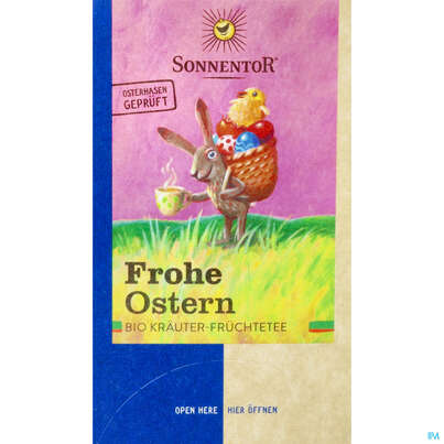 Sie sehen eine Packung Sonnentor Kraeutertee/bio Frohe Ostern 02577 18st, Produktbild: 01 Sonnentor Kraeutertee/bio Frohe Ostern 02577 18st, A-Nr.: 4793575 - 01