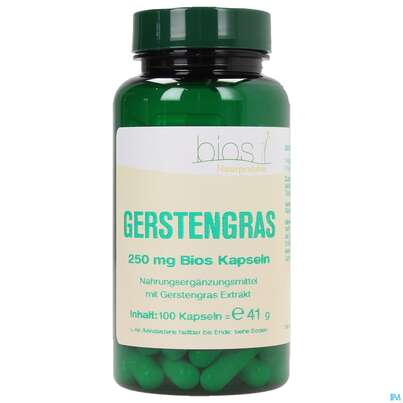 Sie sehen eine Packung Bios Gerstengras 250mg 100 Kapseln, Produktbild: 01 Bios Gerstengras 250mg 100 Kapseln, A-Nr.: 3891258 - 01