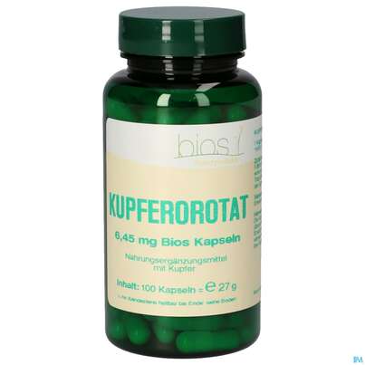 Sie sehen eine Packung Bios Kupferorotat 6.45mg 100 Kapseln, Produktbild: 01 Bios Kupferorotat 6.45mg 100 Kapseln, A-Nr.: 5231394 - 01
