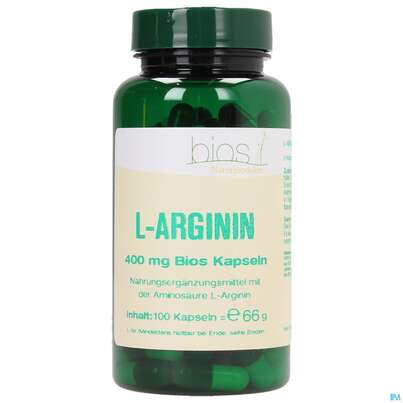 Sie sehen eine Packung Bios l-arginin 400mg 100 Kapseln, Produktbild: 01 Bios l-arginin 400mg 100 Kapseln, A-Nr.: 3891933 - 01