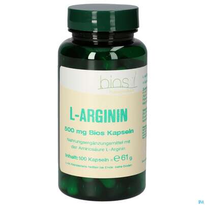 Sie sehen eine Packung Bios l-arginin 500mg 100 Kapseln, Produktbild: 01 Bios l-arginin 500mg 100 Kapseln, A-Nr.: 4147467 - 01