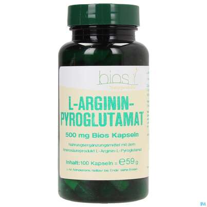 Sie sehen eine Packung Bios l-argininpyroglutamat 500mg 100 Kapseln, Produktbild: 01 Bios l-argininpyroglutamat 500mg 100 Kapseln, A-Nr.: 3891962 - 01
