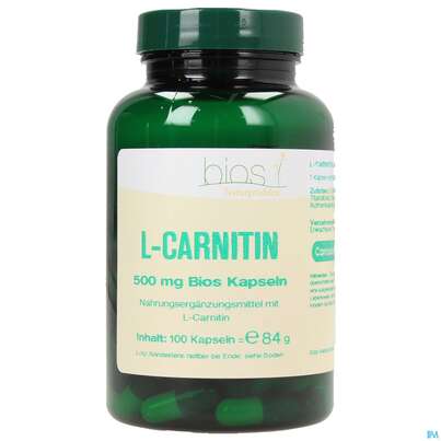 Sie sehen eine Packung Bios l-carnitin 500mg 100 Kapseln, Produktbild: 02 Bios l-carnitin 500mg 100 Kapseln, A-Nr.: 3892022 - 02