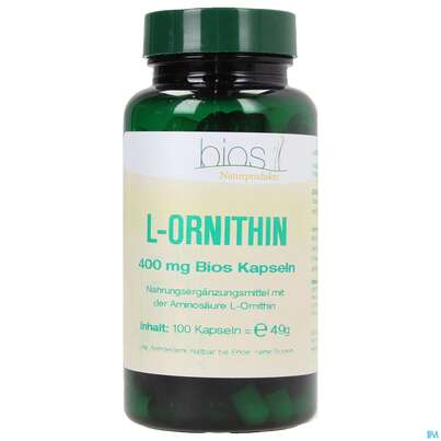 Sie sehen eine Packung Bios l-ornithin 400mg Kapseln 100 Kapseln, Produktbild: 01 Bios l-ornithin 400mg Kapseln 100 Kapseln, A-Nr.: 3892186 - 01