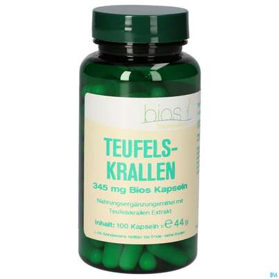 Sie sehen eine Packung Bios Teufelskrallen 345mg N 100 Kapseln, Produktbild: 02 Bios Teufelskrallen 345mg N 100 Kapseln, A-Nr.: 4597041 - 02