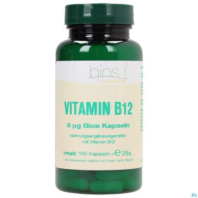 Sie sehen eine Packung Bios Vitamin B12 9µg 100 Kapseln, Produktbild: 02 Bios Vitamin B12 9µg 100 Kapseln, A-Nr.: 3893464 - 02