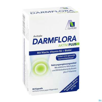 Sie sehen eine Packung Darmflora Kapseln Aktiv Plus 100mrd. Bakterien +7 Vit 80st, Produktbild: 01 Darmflora Kapseln Aktiv Plus 100mrd. Bakterien +7 Vit 80st, A-Nr.: 5431236 - 01