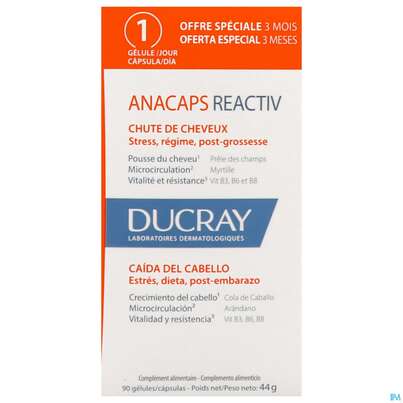 Sie sehen eine Packung Ducray Anacaps F.d.haar Haarausfall Kapseln Reaktiv23 90st, Produktbild: 02 Ducray Anacaps F.d.haar Haarausfall Kapseln Reaktiv23 90st, A-Nr.: 5744975 - 02