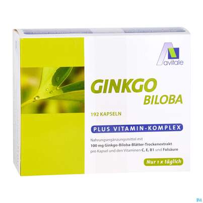 Sie sehen eine Packung Ginkgo Kapseln 100mg +b1+c+e Avi 192st, Produktbild: 03 Ginkgo Kapseln 100mg +b1+c+e Avi 192st, A-Nr.: 3831262 - 03