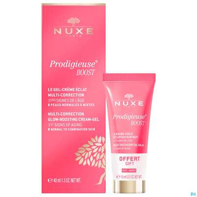 Sie sehen eine Packung Nuxe Creme/prodigieuse Glow Boosting Gel Creme +night Oil Balm Mini 15mlg 1pk, Produktbild: 01 Nuxe Creme/prodigieuse Glow Boosting Gel Creme +night Oil Balm Mini 15mlg 1pk, A-Nr.: 5821055 - 01