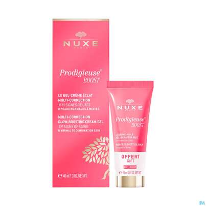 Sie sehen eine Packung Nuxe Creme/prodigieuse Glow Boosting Gel Creme +night Oil Balm Mini 15mlg 1pk, Produktbild: 02 Nuxe Creme/prodigieuse Glow Boosting Gel Creme +night Oil Balm Mini 15mlg 1pk, A-Nr.: 5821055 - 02