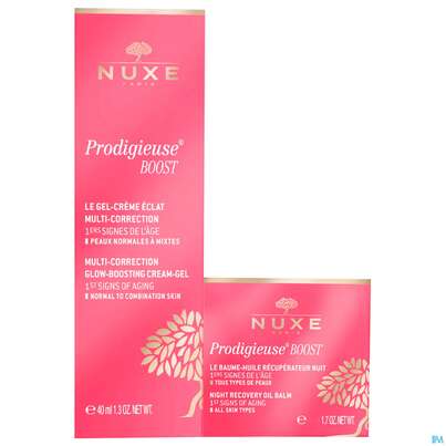 Sie sehen eine Packung Nuxe Creme/prodigieuse Glow Boosting Gel Creme +night Oil Balm Mini 15mlg 1pk, Produktbild: 03 Nuxe Creme/prodigieuse Glow Boosting Gel Creme +night Oil Balm Mini 15mlg 1pk, A-Nr.: 5821055 - 03