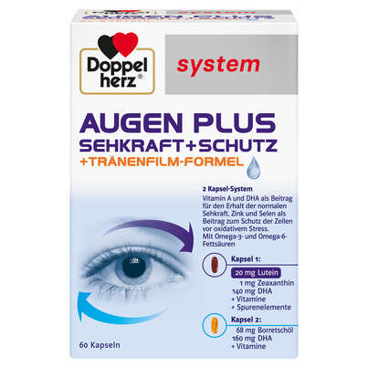 Sie sehen eine Packung Doppelherz system AUGEN PLUS SEHKRAFT + SCHUTZ + Tränenfilm-Formel, Produktbild: 01 Doppelherz system AUGEN PLUS SEHKRAFT + SCHUTZ + Tränenfilm-Formel, A-Nr.: 3448468 - 01