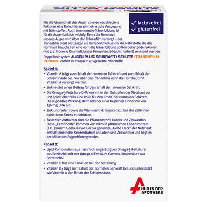 Sie sehen eine Packung Doppelherz system AUGEN PLUS SEHKRAFT + SCHUTZ + Tränenfilm-Formel, Produktbild: 02 Doppelherz system AUGEN PLUS SEHKRAFT + SCHUTZ + Tränenfilm-Formel, A-Nr.: 3448468 - 02