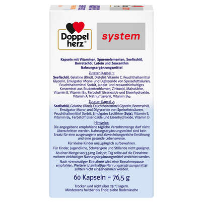 Sie sehen eine Packung Doppelherz system AUGEN PLUS SEHKRAFT + SCHUTZ + Tränenfilm-Formel, Produktbild: 04 Doppelherz system AUGEN PLUS SEHKRAFT + SCHUTZ + Tränenfilm-Formel, A-Nr.: 3448468 - 04