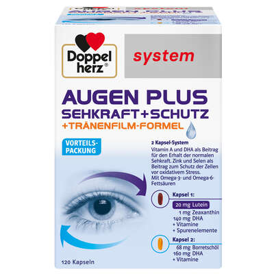 Sie sehen eine Packung Doppelherz system AUGEN PLUS SEHKRAFT + SCHUTZ + Tränenfilm-Formel, Produktbild: 01 Doppelherz system AUGEN PLUS SEHKRAFT + SCHUTZ + Tränenfilm-Formel, A-Nr.: 3470953 - 01