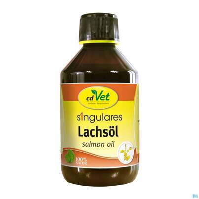 Sie sehen eine Packung Veterinaerprodukte Singulares Lachsoel 250ml, Produktbild: 01 Veterinaerprodukte Singulares Lachsoel 250ml, A-Nr.: 4555686 - 01