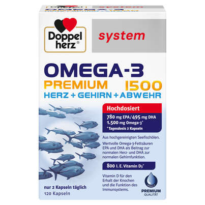 Sie sehen eine Packung Doppelherz system OMEGA-3 PREMIUM 1500 HERZ + GEHIRN + ABWEHR, Produktbild: 01 Doppelherz system OMEGA-3 PREMIUM 1500 HERZ + GEHIRN + ABWEHR, A-Nr.: 5677397 - 01