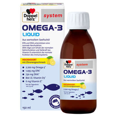 Sie sehen eine Packung Doppelherz system OMEGA-3 LIQUID Herzfunktion + Immunsystem, Produktbild: 01 Doppelherz system OMEGA-3 LIQUID Herzfunktion + Immunsystem, A-Nr.: 5677546 - 01