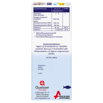 Sie sehen eine Packung Doppelherz system OMEGA-3 LIQUID Herzfunktion + Immunsystem, Produktbild: 02 Doppelherz system OMEGA-3 LIQUID Herzfunktion + Immunsystem, A-Nr.: 5677546 - 02