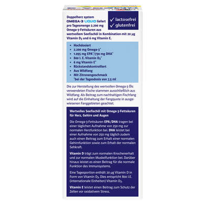 Sie sehen eine Packung Doppelherz system OMEGA-3 LIQUID Herzfunktion + Immunsystem, Produktbild: 04 Doppelherz system OMEGA-3 LIQUID Herzfunktion + Immunsystem, A-Nr.: 5677546 - 04