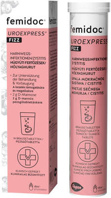Sie sehen eine Packung femidoc UROEXPRESS FIZZ Brausetabletten, Produktbild: 01 femidoc UROEXPRESS FIZZ Brausetabletten, A-Nr.: 5876889 - 01
