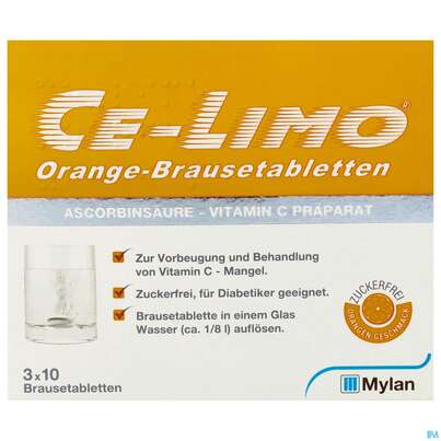 Sie sehen eine Packung Ce-limo Orange Brausetabl Bp3x1 30st, Produktbild: 01 Ce-limo Orange Brausetabl Bp3x1 30st, A-Nr.: 0064365 - 01