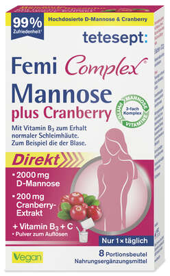 Sie sehen eine Packung Tetesept Femi Mannose + Cranberry 8 Btl, Produktbild: 01 Tetesept Femi Mannose + Cranberry 8 Btl, A-Nr.: 5830597 - 01