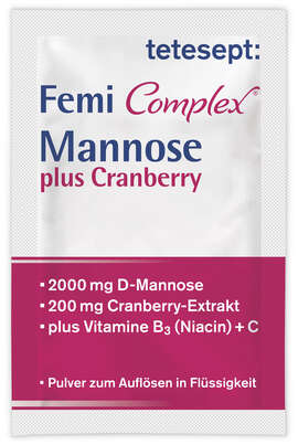 Sie sehen eine Packung Tetesept Femi Mannose + Cranberry 8 Btl, Produktbild: 02 Tetesept Femi Mannose + Cranberry 8 Btl, A-Nr.: 5830597 - 02