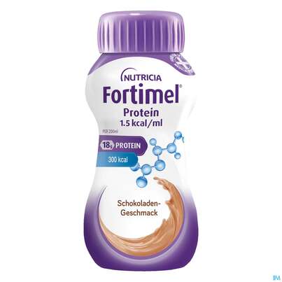 Sie sehen eine Packung Fortimel/protein 200ml 1,5kcal Schokolade 24st, Produktbild: 01 Fortimel/protein 200ml 1,5kcal Schokolade 24st, A-Nr.: 4303364 - 01