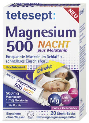 Sie sehen eine Packung Tetesept Magnesium NACHT Direkt Stick 20ST, Produktbild: 01 Tetesept Magnesium NACHT Direkt Stick 20ST, A-Nr.: 5882453 - 01