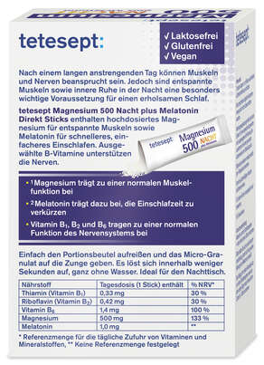 Sie sehen eine Packung Tetesept Magnesium NACHT Direkt Stick 20ST, Produktbild: 03 Tetesept Magnesium NACHT Direkt Stick 20ST, A-Nr.: 5882453 - 03