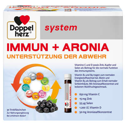 Sie sehen eine Packung Doppelherz system IMMUN + ARONIA - UNTERSTÜTZUNG DER ABWEHR, Produktbild: 01 Doppelherz system IMMUN + ARONIA - UNTERSTÜTZUNG DER ABWEHR, A-Nr.: 5678014 - 01