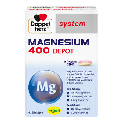 Sie sehen eine Packung Doppelherz system MAGNESIUM 400 DEPOT - 2-PHASEN DEPOT, Produktbild: 01 Doppelherz system MAGNESIUM 400 DEPOT - 2-PHASEN DEPOT, A-Nr.: 5678089 - 01