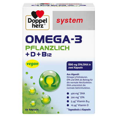 Sie sehen eine Packung Doppelherz system OMEGA-3 PFLANZLICH Herzfunktion + Immunsystem, Produktbild: 01 Doppelherz system OMEGA-3 PFLANZLICH Herzfunktion + Immunsystem, A-Nr.: 4766130 - 01