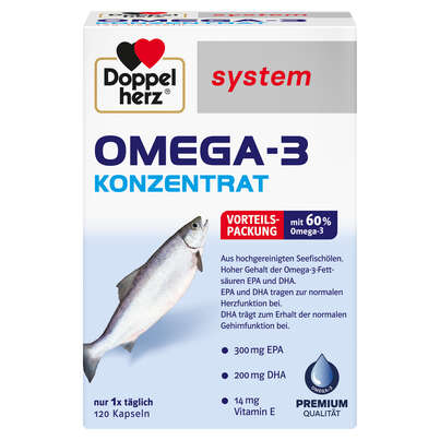 Sie sehen eine Packung Doppelherz system OMEGA-3 KONZENTRAT, Produktbild: 01 Doppelherz system OMEGA-3 KONZENTRAT, A-Nr.: 3821186 - 01
