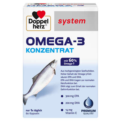 Sie sehen eine Packung Doppelherz system OMEGA-3 KONZENTRAT, Produktbild: 01 Doppelherz system OMEGA-3 KONZENTRAT, A-Nr.: 3448528 - 01
