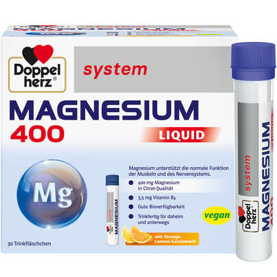 Sie sehen eine Packung Doppelherz system MAGNESIUM 400 LIQUID, Produktbild: 01 Doppelherz system MAGNESIUM 400 LIQUID, A-Nr.: 5698376 - 01
