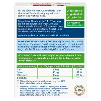 Sie sehen eine Packung Doppelherz Abwehr DIRECT Zink + Selen + Histidin + Vitamin C, Produktbild: 04 Doppelherz Abwehr DIRECT Zink + Selen + Histidin + Vitamin C, A-Nr.: 3478363 - 04