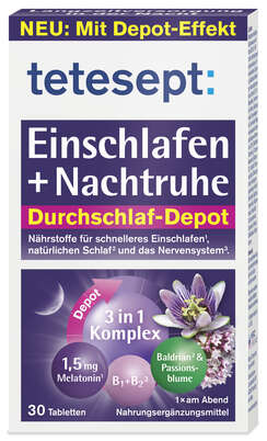 Sie sehen eine Packung Tetesept Einschlafen + Nachtruhe Depot 30ST 1,5MG, Produktbild: 01 Tetesept Einschlafen + Nachtruhe Depot 30ST 1,5MG, A-Nr.: 5830574 - 01