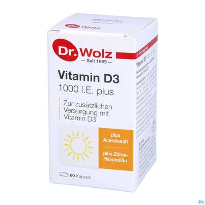 Sie sehen eine Packung Vitamin D3 Kapseln 1000ie Plus -dr.wolz Nr 60 60st, Produktbild: 04 Vitamin D3 Kapseln 1000ie Plus -dr.wolz Nr 60 60st, A-Nr.: 3839335 - 04